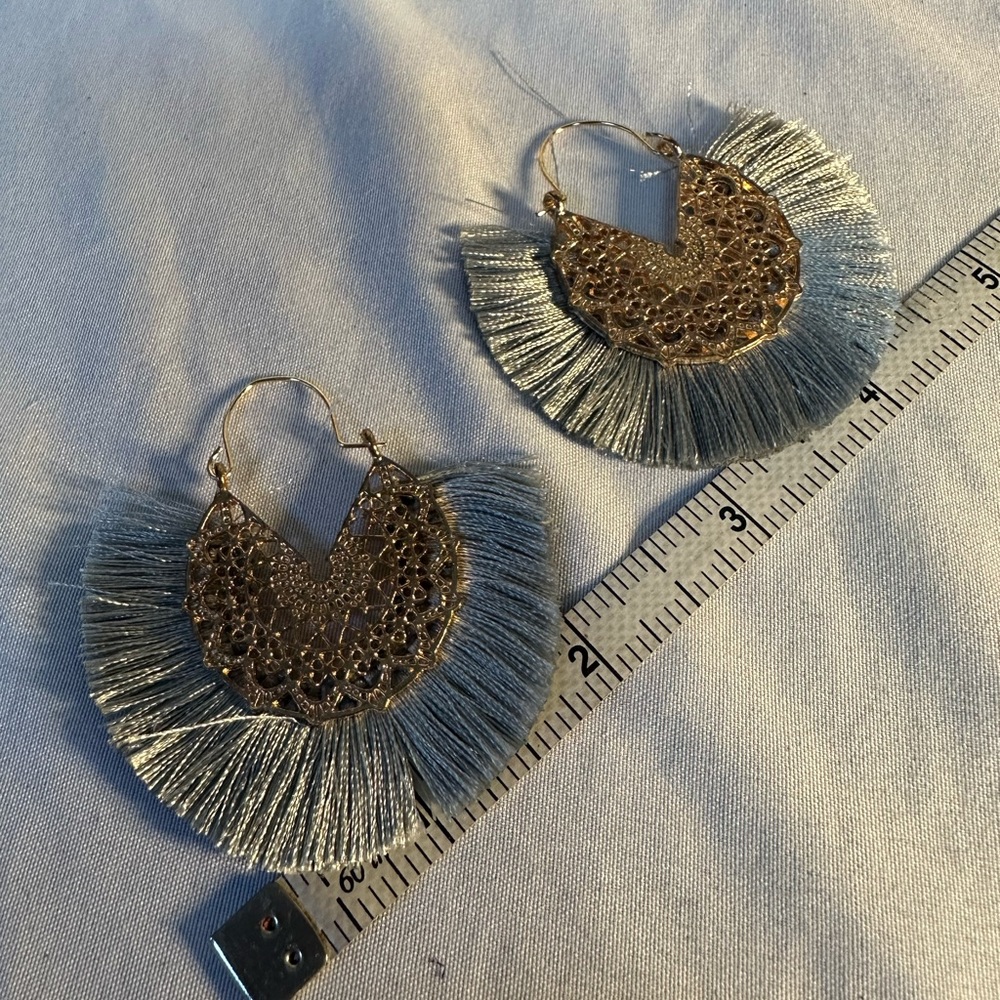 Silver gray filigree style fringe earrings